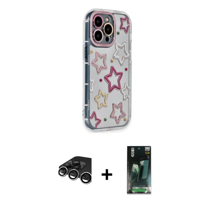 MARSİLYAN™- iPhone 15 Pro Max Kılıf Ahenk Modern Serisi - Siyah 360 Mat Full Body Arka Koruyucu + Gümüş Raze Metal Kamera Lens