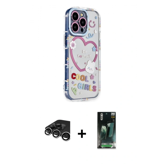 MARSİLYAN™- iPhone 15 Pro Max Kılıf Ahenk Modern Serisi - Siyah 360 Mat Full Body Arka Koruyucu + Gümüş Raze Metal Kamera Lens