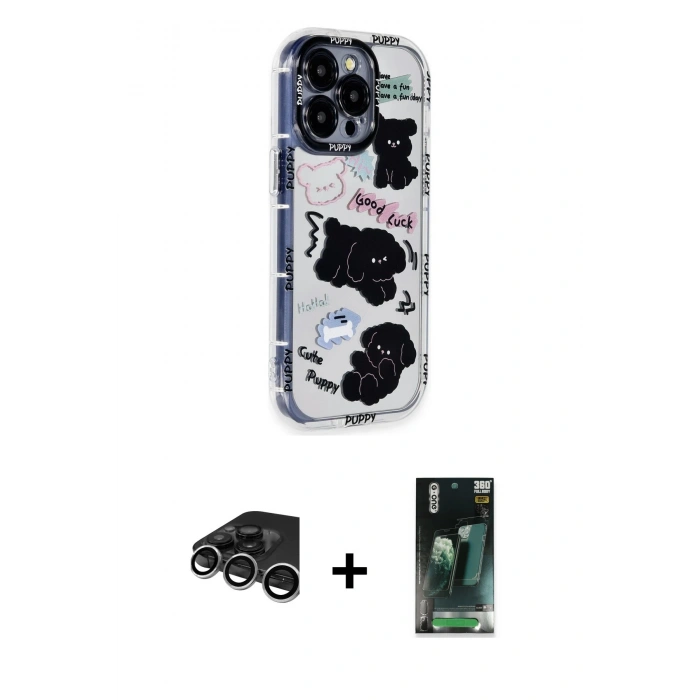 MARSİLYAN™- iPhone 15 Pro Max Kılıf Ahenk Modern Serisi - Siyah 360 Mat Full Body Arka Koruyucu + Gümüş Raze Metal Kamera Lens