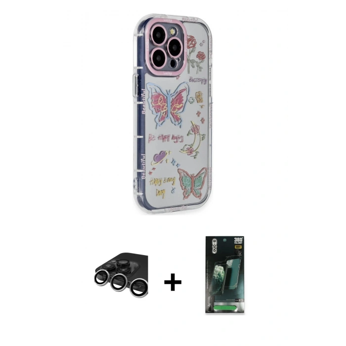 MARSİLYAN™- iPhone 15 Pro Max Kılıf Ahenk Modern Serisi - Siyah 360 Mat Full Body Arka Koruyucu + Gümüş Raze Metal Kamera Lens