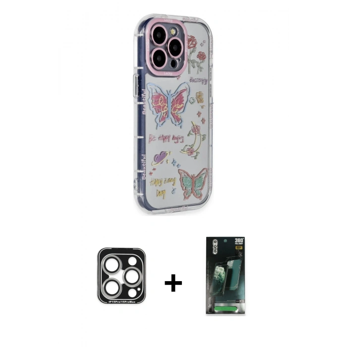 MARSİLYAN™- iPhone 15 Pro Max Kılıf Ahenk Modern Serisi - Siyah 360 Mat Full Body Arka Koruyucu + PVD Metal Kamera Lens - GS