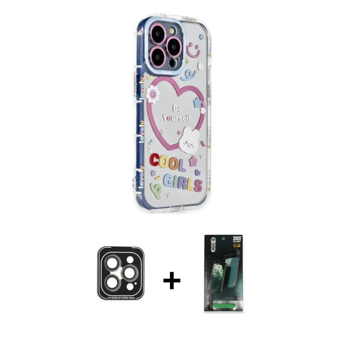 MARSİLYAN™- iPhone 15 Pro Max Kılıf Ahenk Modern Serisi - Siyah 360 Mat Full Body Arka Koruyucu + PVD Metal Kamera Lens - GI