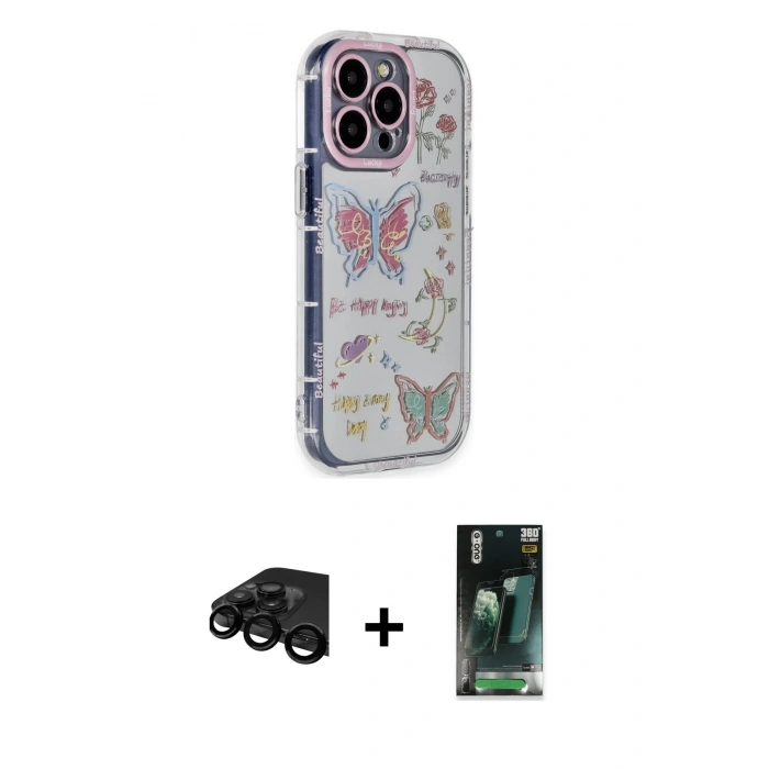 MARSİLYAN™- iPhone 15 Pro Max Kılıf Ahenk Modern Serisi - Siyah 360 Mat Full Body Arka Koruyucu + Raze Metal Kamera Lens - SH