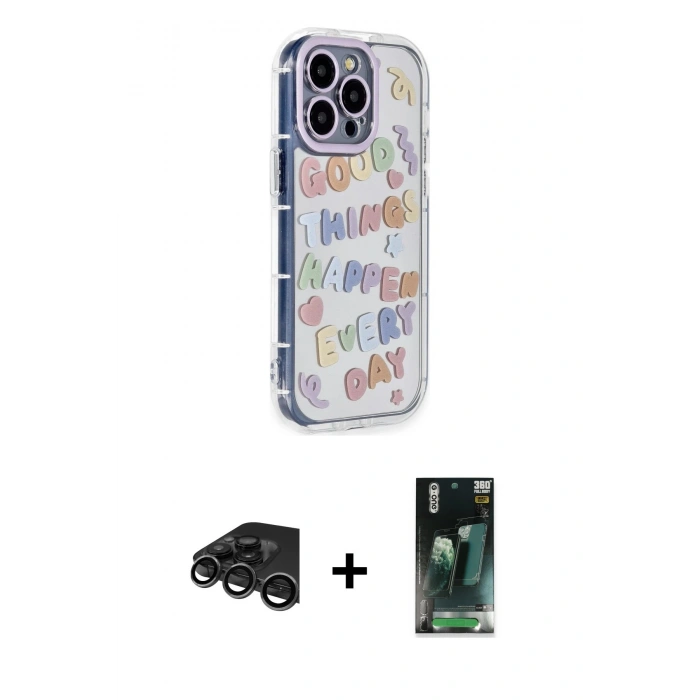 MARSİLYAN™- iPhone 15 Pro Max Kılıf Ahenk Modern Serisi - Siyah 360 Mat Full Body Arka Koruyucu + Raze Metal Kamera Lens - TMGI