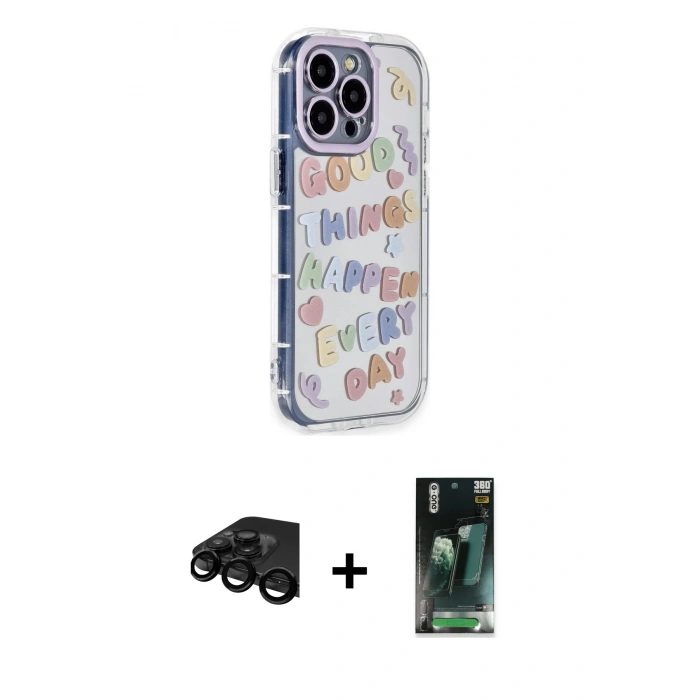 MARSİLYAN™- iPhone 15 Pro Max Kılıf Ahenk Modern Serisi - Siyah 360 Mat Full Body Arka Koruyucu + Raze Metal Kamera Lens - SH