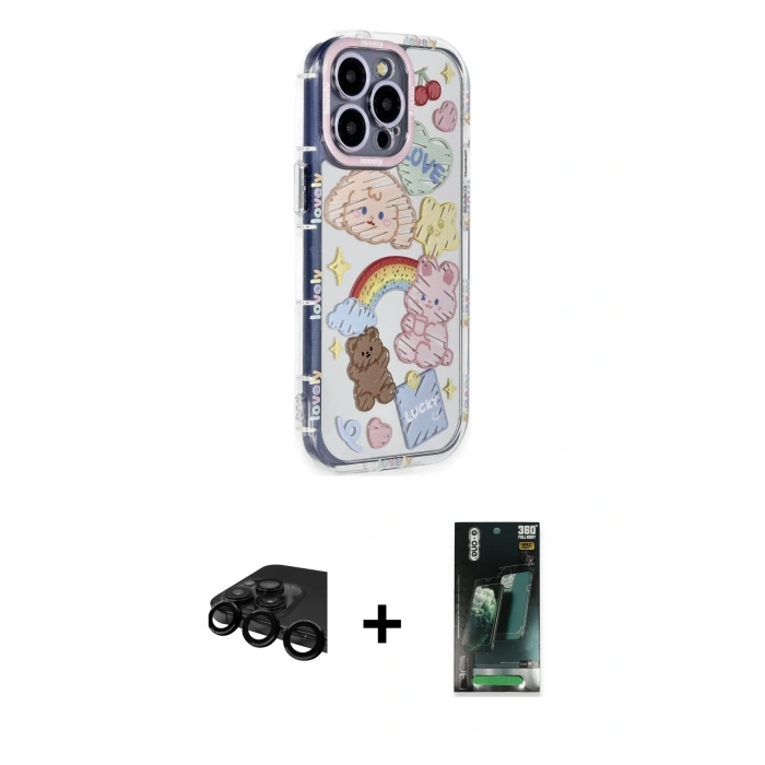 MARSİLYAN™- iPhone 15 Pro Max Kılıf Ahenk Modern Serisi - Siyah 360 Mat Full Body Arka Koruyucu + Raze Metal Kamera Lens - SH