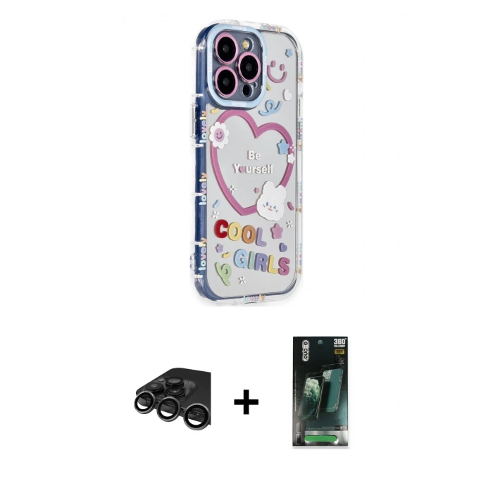 MARSİLYAN™- iPhone 15 Pro Max Kılıf Ahenk Modern Serisi - Siyah 360 Mat Full Body Arka Koruyucu + Raze Metal Kamera Lens - TMGI