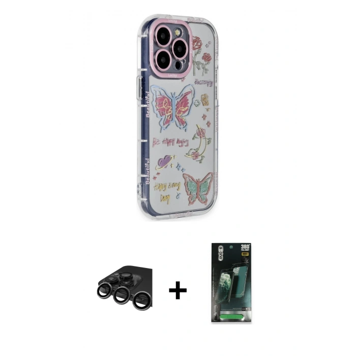 MARSİLYAN™- iPhone 15 Pro Max Kılıf Ahenk Modern Serisi - Siyah 360 Mat Full Body Arka Koruyucu + Raze Metal Kamera Lens - TMGI