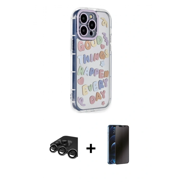 MARSİLYAN™- iPhone 15 Pro Max Kılıf Ahenk Modern Serisi - Siyah 3D Antistatik Hayalet Cam Ekran Koruyucu + Raze Metal Kamera Lens - TMGI