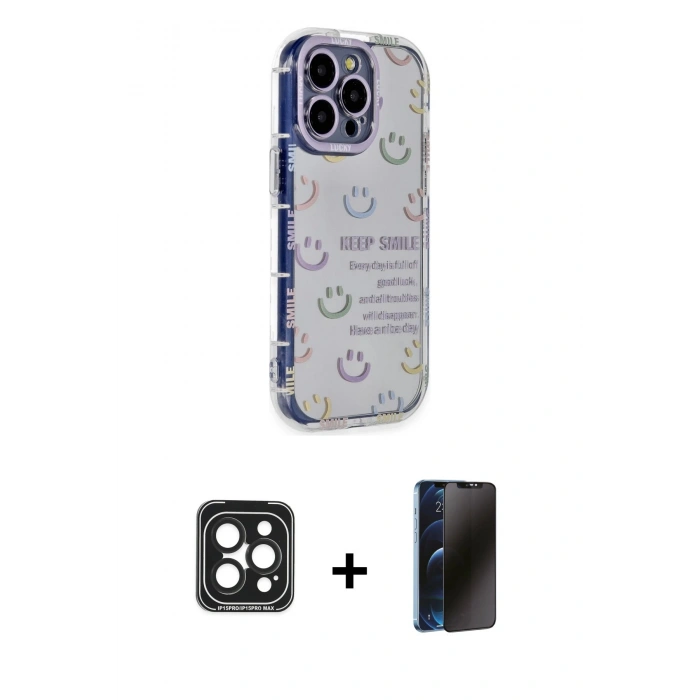 MARSİLYAN™- iPhone 15 Pro Max Kılıf Ahenk Modern Serisi - Siyah 3D Antistatik Hayalet Cam Ekran Koruyucu + Siyah PVD Metal Kamera Lens