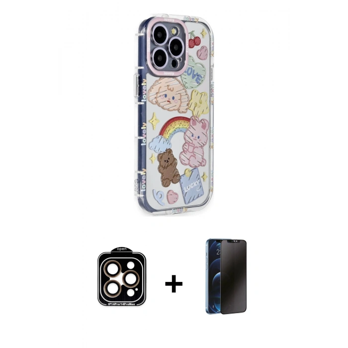 MARSİLYAN™- iPhone 15 Pro Max Kılıf Ahenk Modern Serisi - Siyah 3D Antistatik Hayalet Cam Ekran Koruyucu + Turuncu PVD Metal Kamera Lens