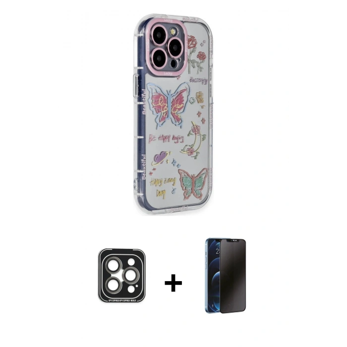 MARSİLYAN™- iPhone 15 Pro Max Kılıf Ahenk Modern Serisi - Siyah 3D Antistatik Hayalet Cam Ekran Koruyucu + PVD Metal Kamera Lens - GI