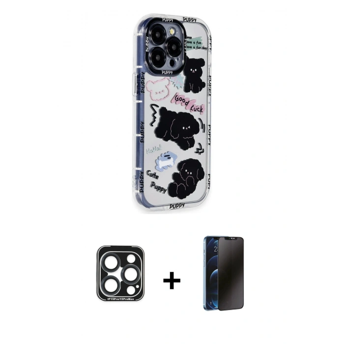 MARSİLYAN™- iPhone 15 Pro Max Kılıf Ahenk Modern Serisi - Siyah 3D Antistatik Hayalet Cam Ekran Koruyucu + PVD Metal Kamera Lens - LT