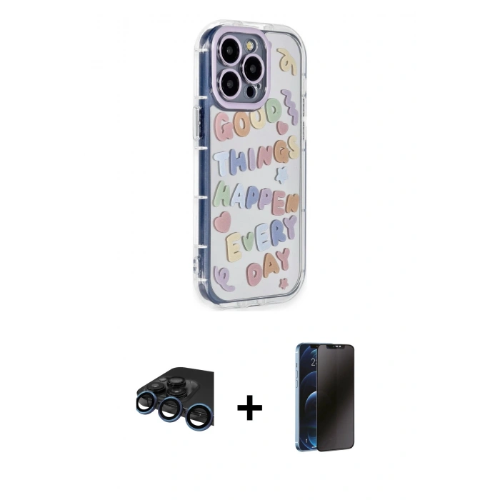 MARSİLYAN™- iPhone 15 Pro Max Kılıf Ahenk Modern Serisi - Siyah 3D Antistatik Hayalet Cam Ekran Koruyucu + Raze Metal Kamera Lens - LT