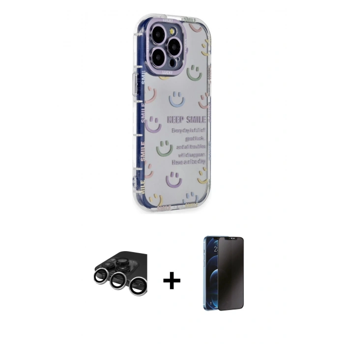 MARSİLYAN™- iPhone 15 Pro Max Kılıf Ahenk Modern Serisi - Siyah 3D Antistatik Hayalet Cam Ekran Koruyucu + Raze Metal Kamera Lens - GS