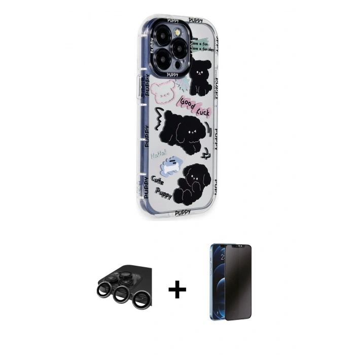 MARSİLYAN™- iPhone 15 Pro Max Kılıf Ahenk Modern Serisi - Siyah 3D Antistatik Hayalet Cam Ekran Koruyucu + Raze Metal Kamera Lens - TMGI