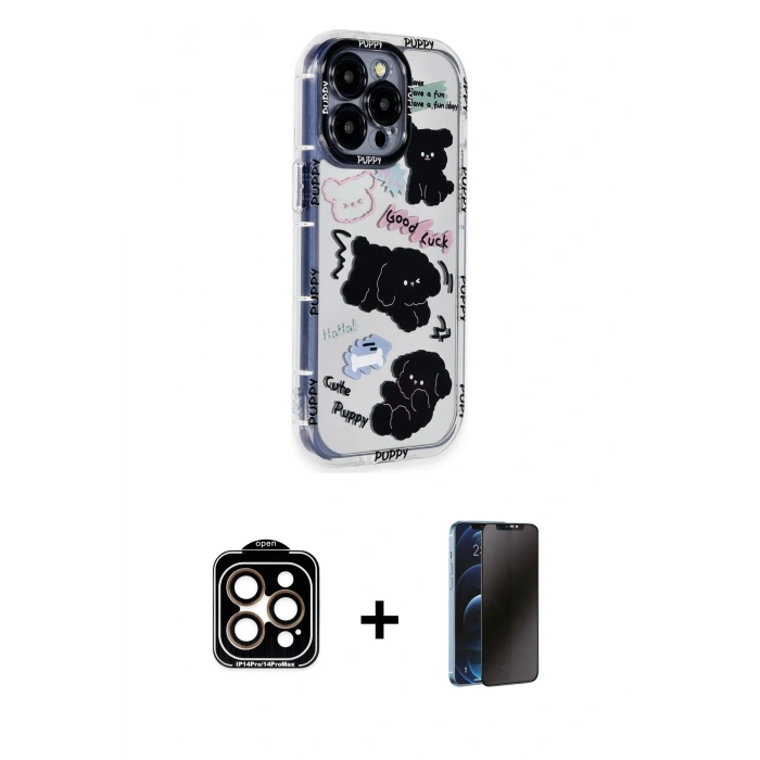 MARSİLYAN™- iPhone 15 Pro Max Kılıf Ahenk Modern Serisi - Siyah 3D Antistatik Hayalet Cam Ekran Koruyucu + Turuncu PVD Metal Kamera Lens