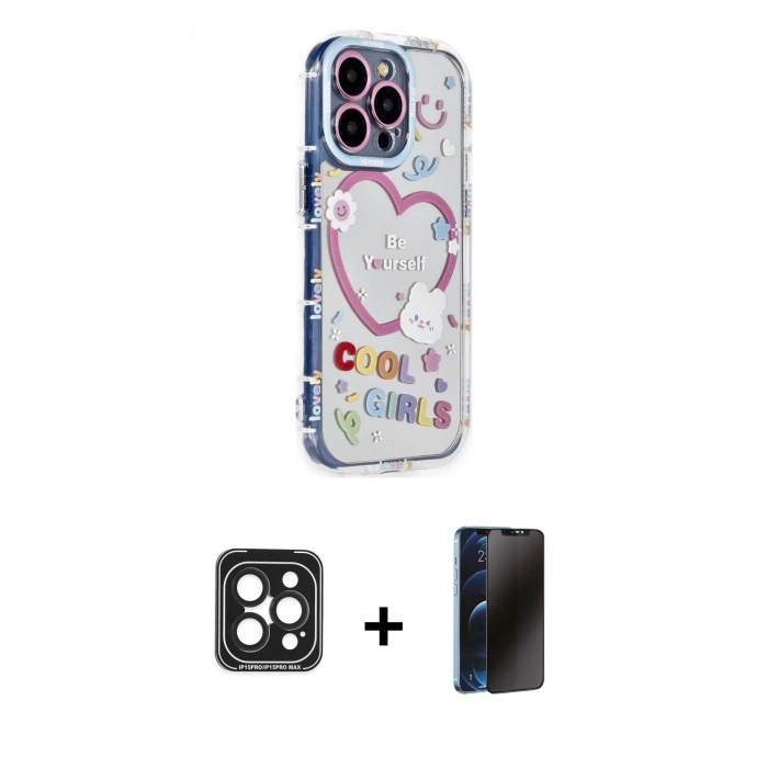 MARSİLYAN™- iPhone 15 Pro Max Kılıf Ahenk Modern Serisi - Siyah 3D Antistatik Hayalet Cam Ekran Koruyucu + PVD Metal Kamera Lens - SH