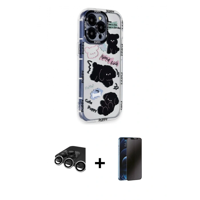 MARSİLYAN™- iPhone 15 Pro Max Kılıf Ahenk Modern Serisi - Siyah 3D Antistatik Hayalet Cam Ekran Koruyucu + Raze Metal Kamera Lens - GS