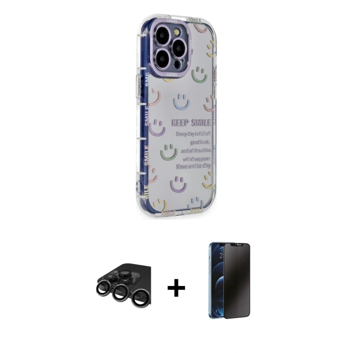 MARSİLYAN™- iPhone 15 Pro Max Kılıf Ahenk Modern Serisi - Siyah 3D Antistatik Hayalet Cam Ekran Koruyucu + Raze Metal Kamera Lens - TMGI