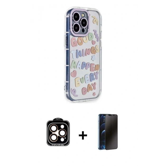 MARSİLYAN™- iPhone 15 Pro Max Kılıf Ahenk Modern Serisi - Siyah 3D Antistatik Hayalet Cam Ekran Koruyucu + Turuncu PVD Metal Kamera Lens
