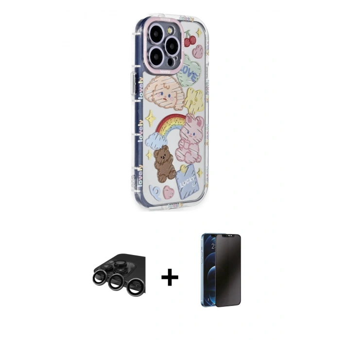 MARSİLYAN™- iPhone 15 Pro Max Kılıf Ahenk Modern Serisi - Siyah 3D Antistatik Hayalet Cam Ekran Koruyucu + Raze Metal Kamera Lens - TMGI
