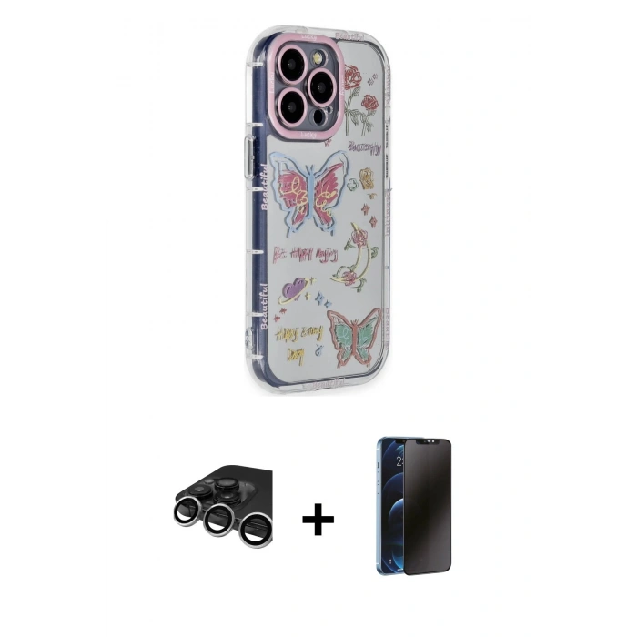 MARSİLYAN™- iPhone 15 Pro Max Kılıf Ahenk Modern Serisi - Siyah 3D Antistatik Hayalet Cam Ekran Koruyucu + Raze Metal Kamera Lens - GS
