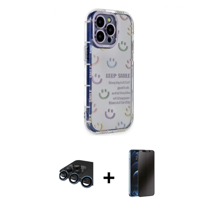 MARSİLYAN™- iPhone 15 Pro Max Kılıf Ahenk Modern Serisi - Siyah 3D Antistatik Hayalet Cam Ekran Koruyucu + Raze Metal Kamera Lens - LT