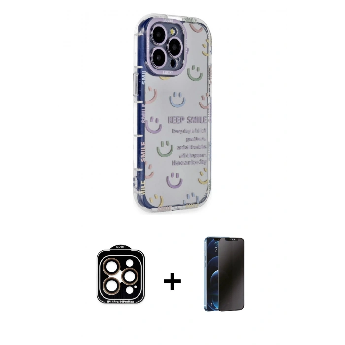 MARSİLYAN™- iPhone 15 Pro Max Kılıf Ahenk Modern Serisi - Siyah 3D Antistatik Hayalet Cam Ekran Koruyucu + Turuncu PVD Metal Kamera Lens