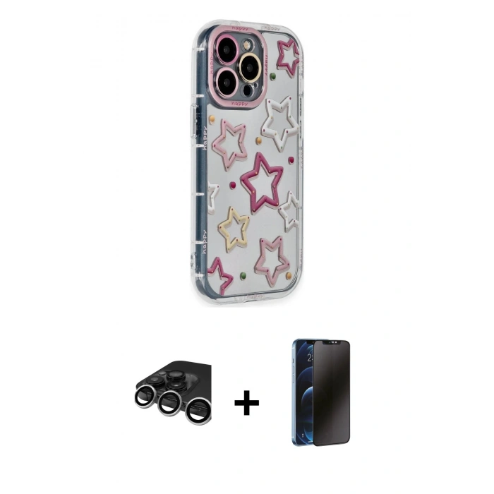 MARSİLYAN™- iPhone 15 Pro Max Kılıf Ahenk Modern Serisi - Siyah 3D Antistatik Hayalet Cam Ekran Koruyucu + Raze Metal Kamera Lens - GS