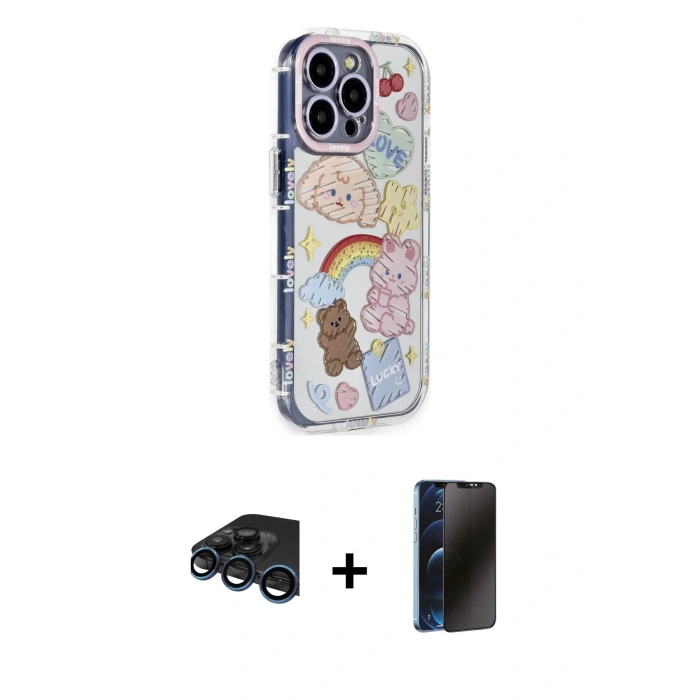 MARSİLYAN™- iPhone 15 Pro Max Kılıf Ahenk Modern Serisi - Siyah 3D Antistatik Hayalet Cam Ekran Koruyucu + Raze Metal Kamera Lens - LT