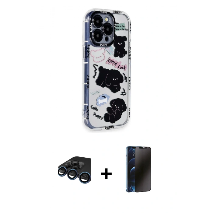 MARSİLYAN™- iPhone 15 Pro Max Kılıf Ahenk Modern Serisi - Siyah 3D Antistatik Hayalet Cam Ekran Koruyucu + Raze Metal Kamera Lens - LT