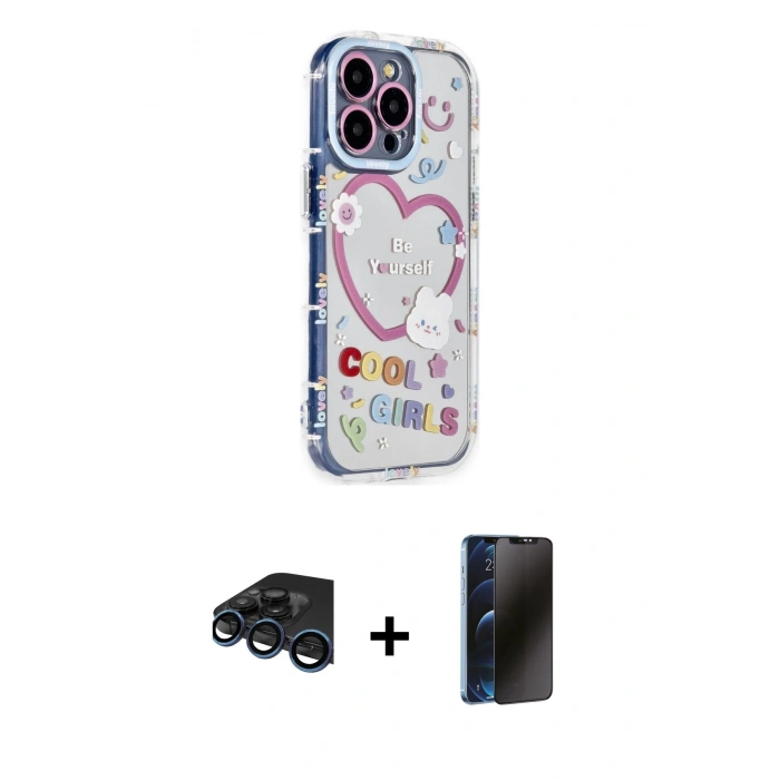 MARSİLYAN™- iPhone 15 Pro Max Kılıf Ahenk Modern Serisi - Siyah 3D Antistatik Hayalet Cam Ekran Koruyucu + Raze Metal Kamera Lens - LT