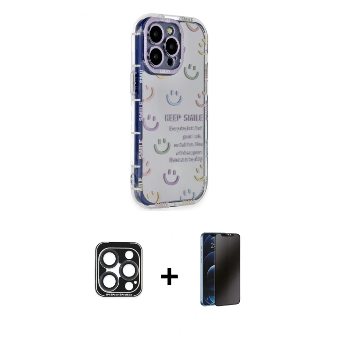 MARSİLYAN™- iPhone 15 Pro Max Kılıf Ahenk Modern Serisi - Siyah 3D Antistatik Hayalet Cam Ekran Koruyucu + PVD Metal Kamera Lens - LT