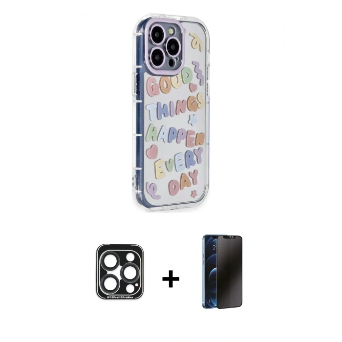 MARSİLYAN™- iPhone 15 Pro Max Kılıf Ahenk Modern Serisi - Siyah 3D Antistatik Hayalet Cam Ekran Koruyucu + PVD Metal Kamera Lens - LT