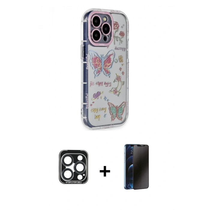 MARSİLYAN™- iPhone 15 Pro Max Kılıf Ahenk Modern Serisi - Siyah 3D Antistatik Hayalet Cam Ekran Koruyucu + PVD Metal Kamera Lens - LT