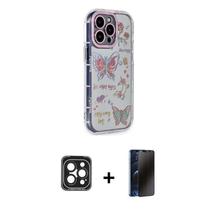 MARSİLYAN™- iPhone 15 Pro Max Kılıf Ahenk Modern Serisi - Siyah 3D Antistatik Hayalet Cam Ekran Koruyucu + PVD Metal Kamera Lens - SH