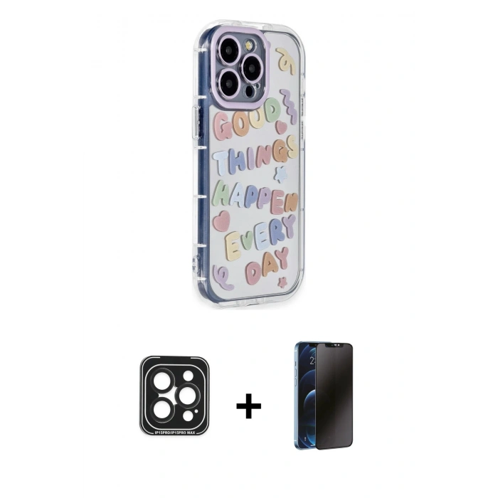 MARSİLYAN™- iPhone 15 Pro Max Kılıf Ahenk Modern Serisi - Siyah 3D Antistatik Hayalet Cam Ekran Koruyucu + PVD Metal Kamera Lens - SH