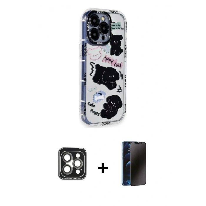 MARSİLYAN™- iPhone 15 Pro Max Kılıf Ahenk Modern Serisi - Siyah 3D Antistatik Hayalet Cam Ekran Koruyucu + PVD Metal Kamera Lens - GI