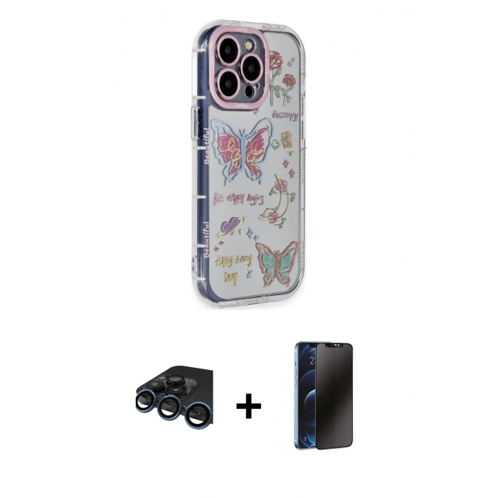 MARSİLYAN™- iPhone 15 Pro Max Kılıf Ahenk Modern Serisi - Siyah 3D Antistatik Hayalet Cam Ekran Koruyucu + Raze Metal Kamera Lens - LT