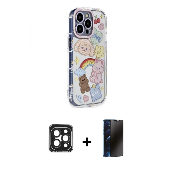 MARSİLYAN™- iPhone 15 Pro Max Kılıf Ahenk Modern Serisi - Siyah 3D Antistatik Hayalet Cam Ekran Koruyucu + PVD Metal Kamera Lens - SH