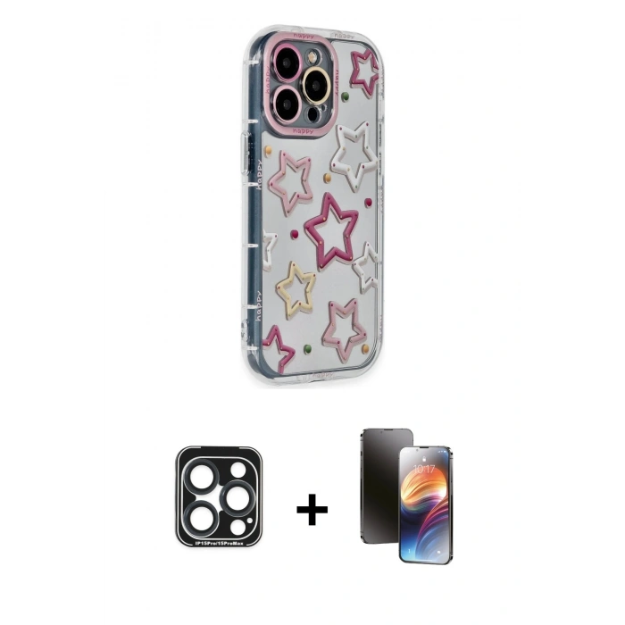 MARSİLYAN™- iPhone 15 Pro Max Kılıf Ahenk Modern Serisi - Siyah 3D Antistatik Mat Seramik Nano Ekran Koruyucu + PVD Metal Kamera Lens - LT