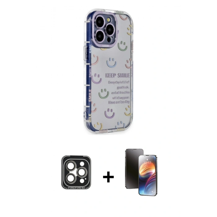MARSİLYAN™- iPhone 15 Pro Max Kılıf Ahenk Modern Serisi - Siyah 3D Antistatik Mat Seramik Nano Ekran Koruyucu + Gri PVD Metal Kamera Lens