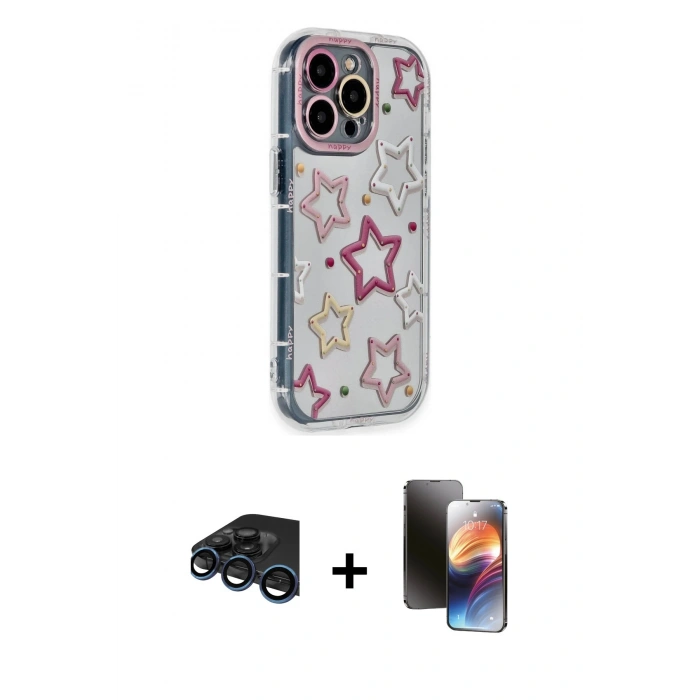 MARSİLYAN™- iPhone 15 Pro Max Kılıf Ahenk Modern Serisi - Siyah 3D Antistatik Mat Seramik Nano Ekran Koruyucu + Raze Metal Kamera Lens - LT
