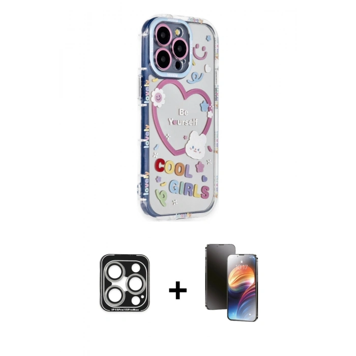 MARSİLYAN™- iPhone 15 Pro Max Kılıf Ahenk Modern Serisi - Siyah 3D Antistatik Mat Seramik Nano Ekran Koruyucu + PVD Metal Kamera Lens - GS
