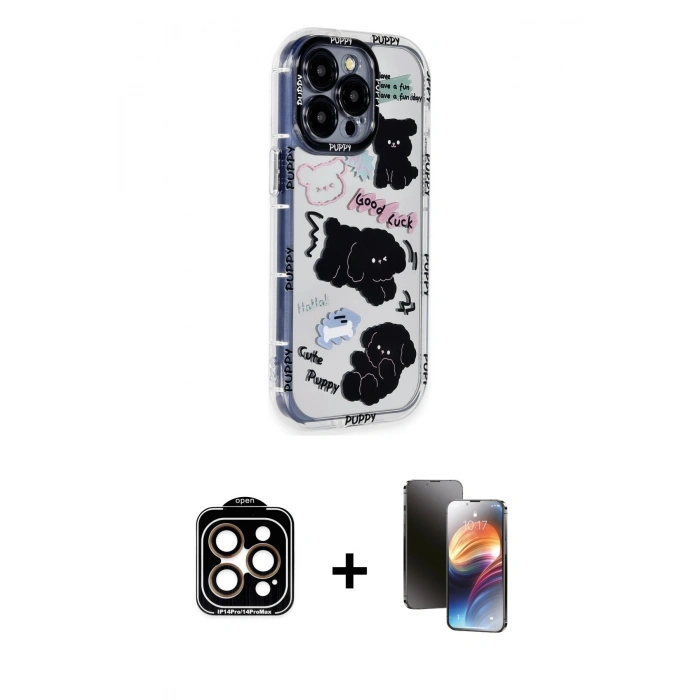 MARSİLYAN™- iPhone 15 Pro Max Kılıf Ahenk Modern Serisi - Siyah 3D Antistatik Mat Seramik Nano Ekran Koruyucu + PVD Metal Kamera Lens - TU