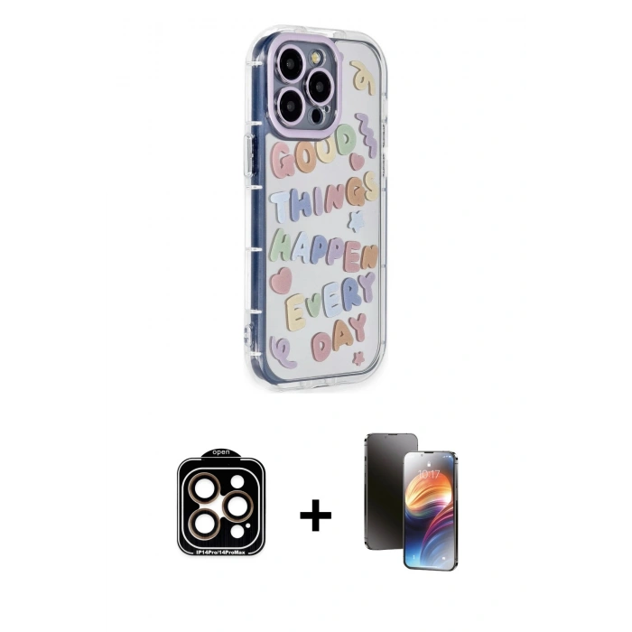 MARSİLYAN™- iPhone 15 Pro Max Kılıf Ahenk Modern Serisi - Siyah 3D Antistatik Mat Seramik Nano Ekran Koruyucu + PVD Metal Kamera Lens - TU