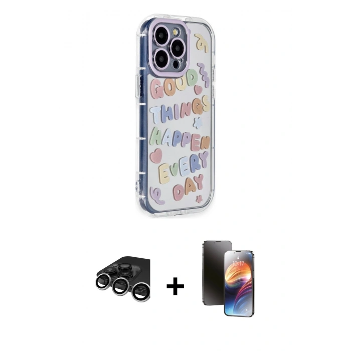 MARSİLYAN™- iPhone 15 Pro Max Kılıf Ahenk Modern Serisi - Siyah 3D Antistatik Mat Seramik Nano Ekran Koruyucu + Raze Metal Kamera Lens - GS