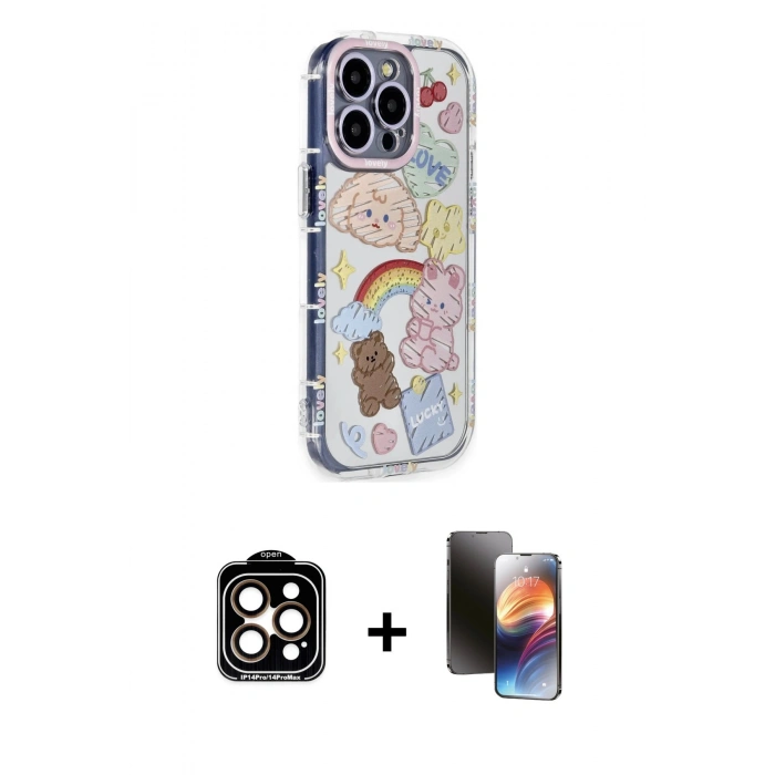 MARSİLYAN™- iPhone 15 Pro Max Kılıf Ahenk Modern Serisi - Siyah 3D Antistatik Mat Seramik Nano Ekran Koruyucu + PVD Metal Kamera Lens - TU