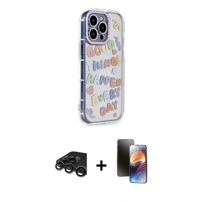 MARSİLYAN™- iPhone 15 Pro Max Kılıf Ahenk Modern Serisi - Siyah 3D Antistatik Mat Seramik Nano Ekran Koruyucu + Titanyum Gri Raze Metal Kamera Lens